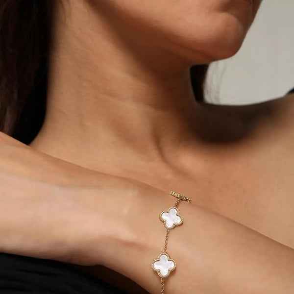 Chic White Clover Gold Bracelet | Radiant Mother of Pearl Style Jewelry