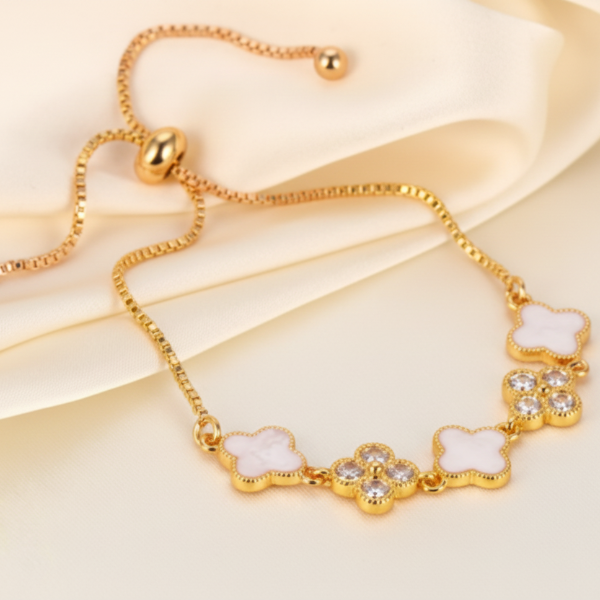 Exquisite White Clover Bolo Bracelet | Chic Rhinestone Gold Plated Jewelry