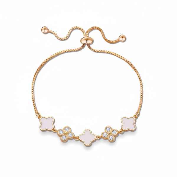 Exquisite White Clover Bolo Bracelet | Chic Rhinestone Gold Jewelry