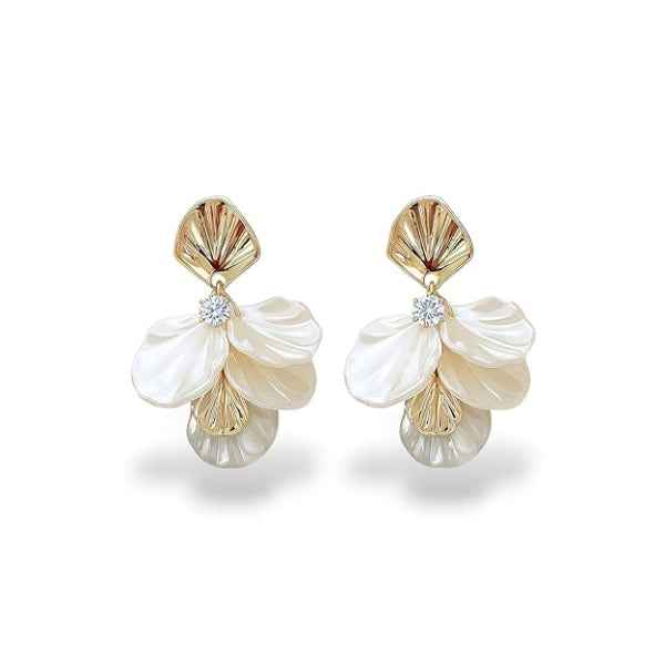 White Floral Earrings - Gold Flower Drops & Petal Dangle Jewelry