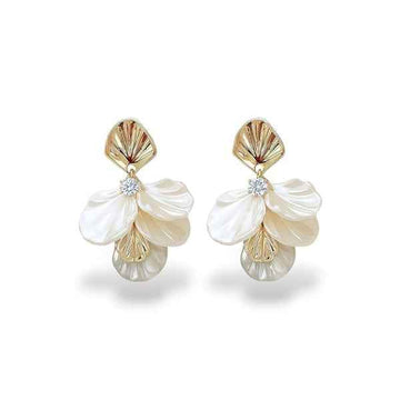 White Floral Earrings - Gold Flower Drops & Petal Dangle Jewelry