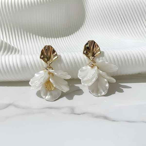 White Floral Earrings - Gold Flower Drops & Petal Dangle Jewelry