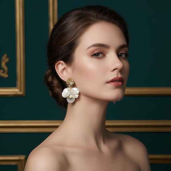 White Floral Earrings - Gold Flower Drops & Petal Dangle Jewelry