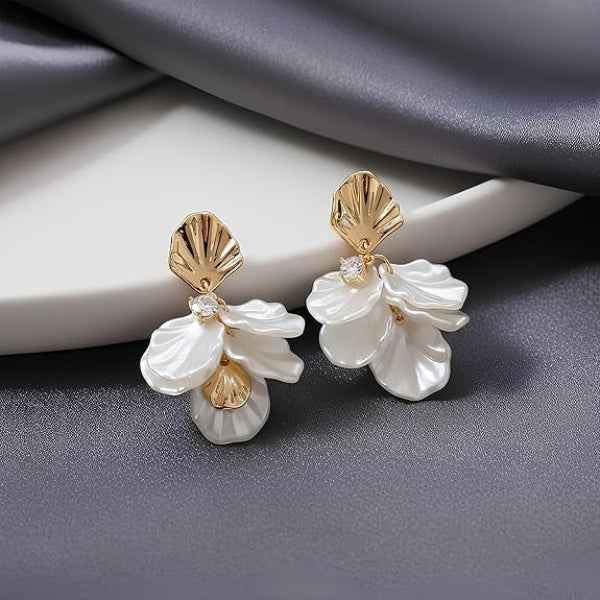 White Floral Earrings - Gold Flower Drops & Petal Dangle Jewelry