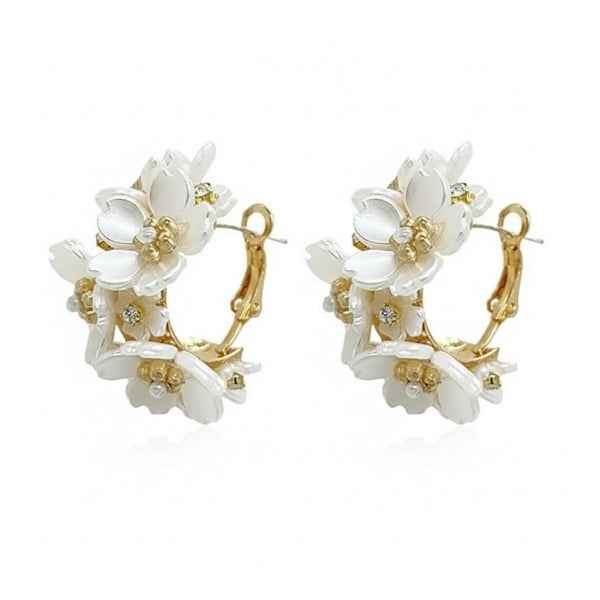 Elegant White Floral Hoop Earrings with Pearl Accents