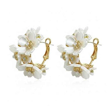 Elegant White Floral Hoop Earrings with Pearl Accents