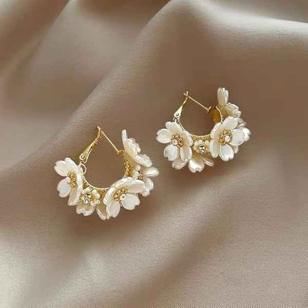 Elegant White Floral Hoop Earrings with Pearl Accents