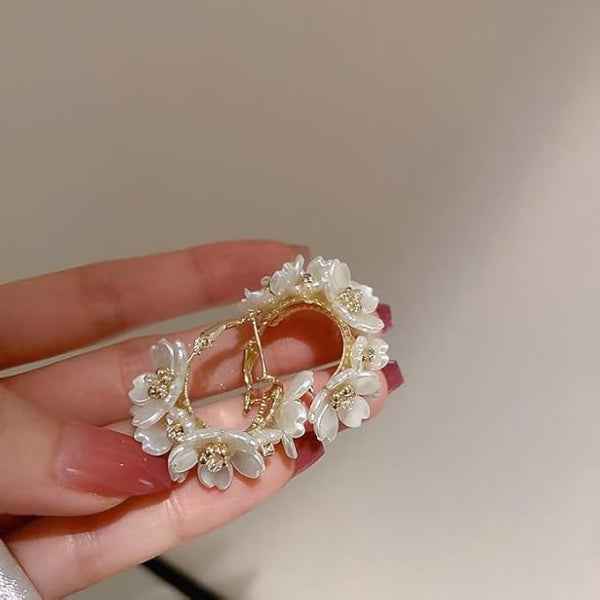 Elegant White Floral Hoop Earrings with Pearl Accents