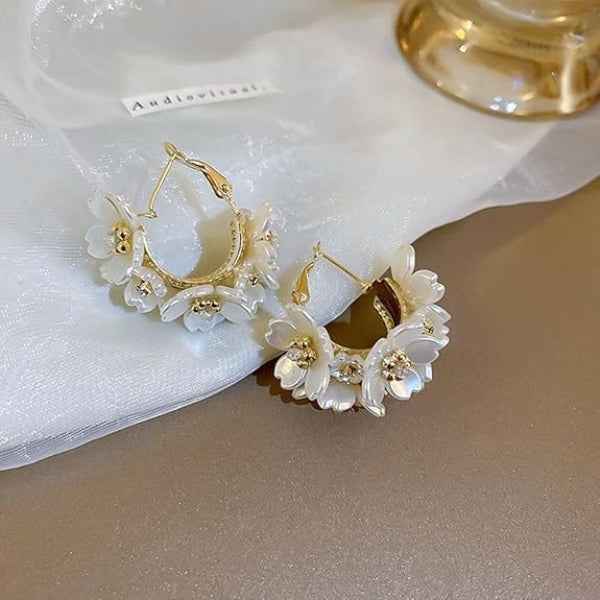 Elegant White Floral Hoop Earrings with Pearl Accents