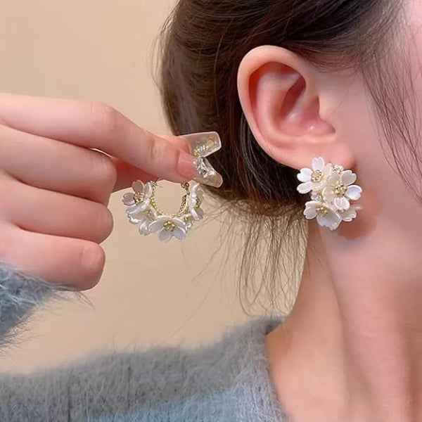 Elegant White Floral Hoop Earrings with Pearl Accents