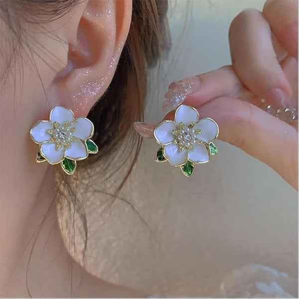 White Floral Studs | Dainty Gold Enamel Garden Party Flower Earrings