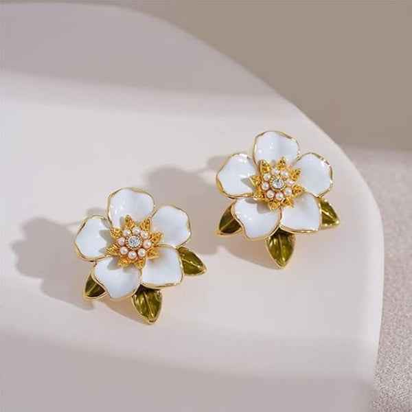 White Floral Studs | Dainty Gold Enamel Garden Party Flower Earrings