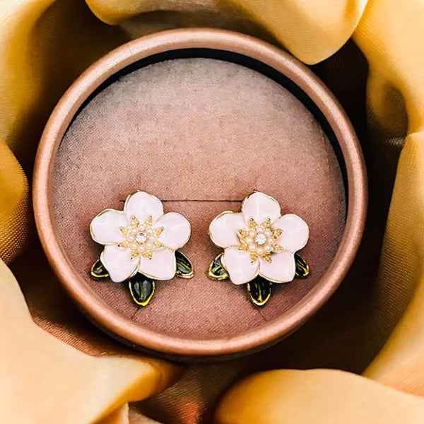 White Floral Studs | Dainty Gold Enamel Garden Party Flower Earrings