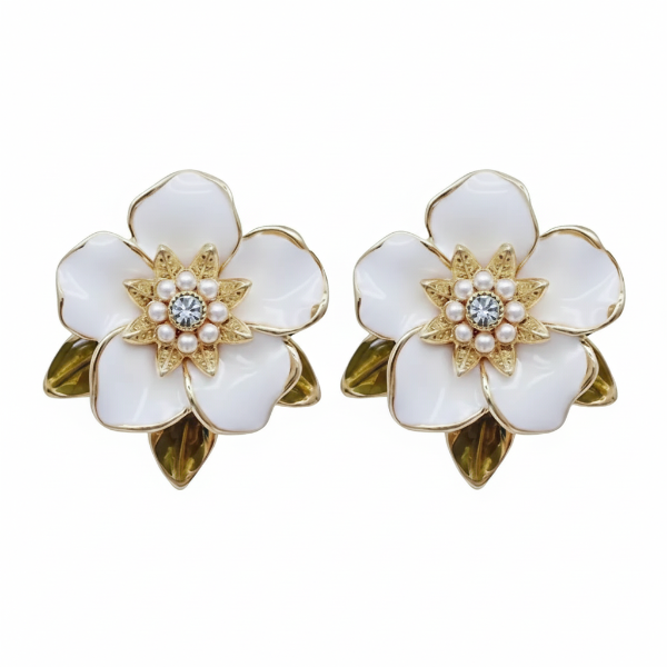 White Floral Studs | Dainty Gold Enamel Garden Party Flower Earrings