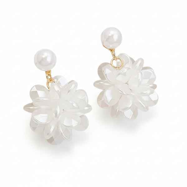White Flower Drops | Dainty Crystal Petal Pearl Bead Drop Earrings