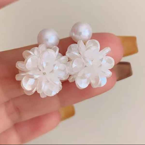 White Flower Drops | Dainty Crystal Petal Pearl Bead Drop Earrings