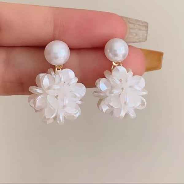 White Flower Drops | Dainty Crystal Petal Pearl Bead Drop Earrings