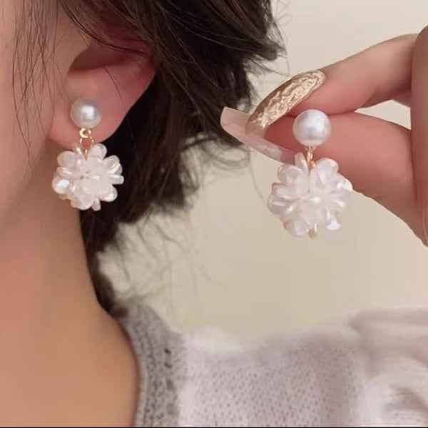 White Flower Drops | Dainty Crystal Petal Pearl Bead Drop Earrings