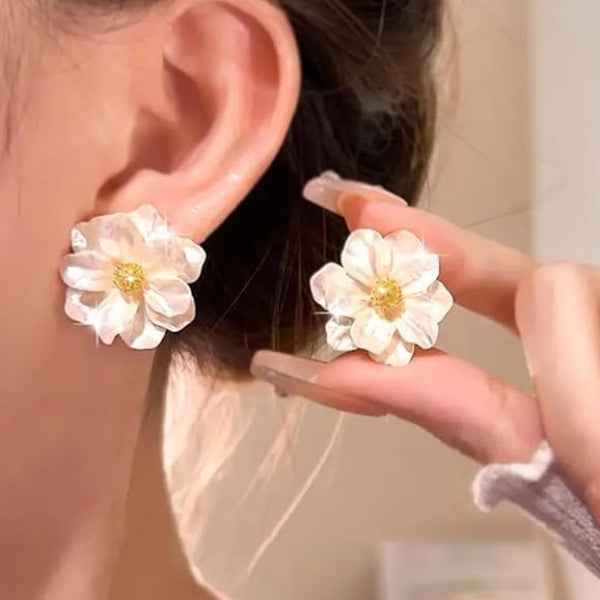 Chic White Flower Stud Earrings | Statement Petal Design Jewelry
