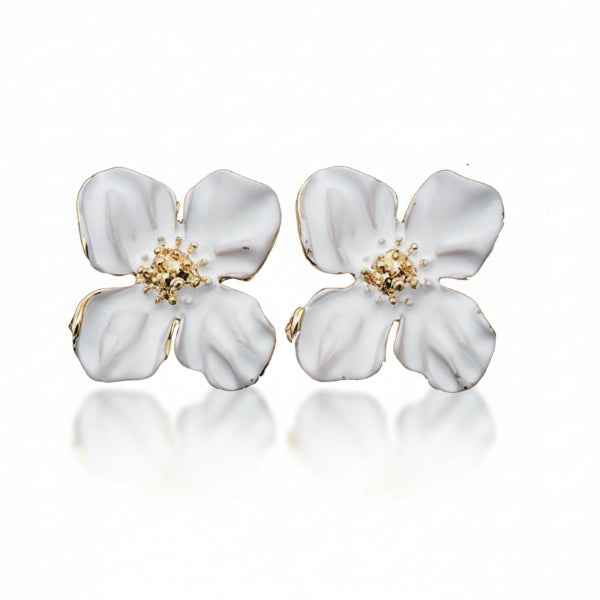 White Flower Studs | Dainty Gold Enamel Floral Bloom Post Earrings