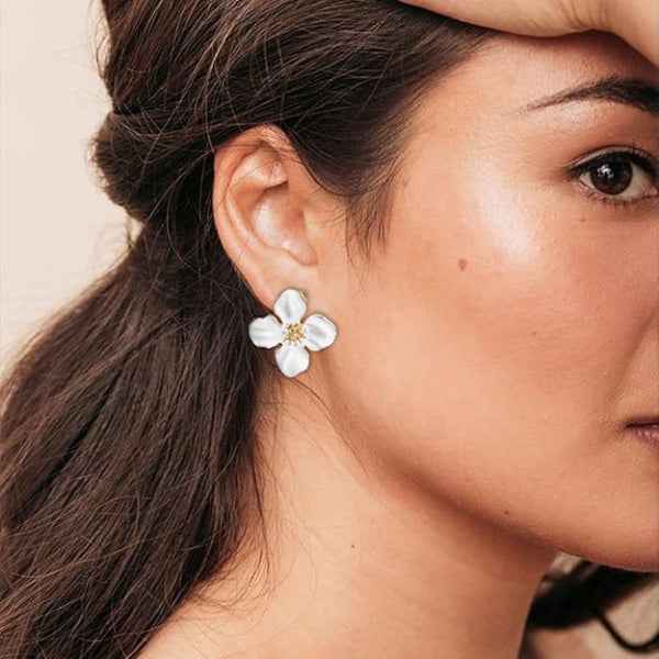 White Flower Studs | Dainty Gold Enamel Floral Bloom Post Earrings