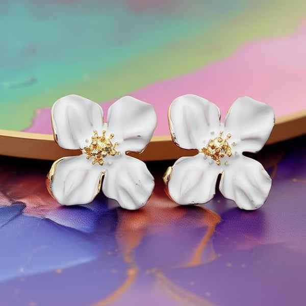 White Flower Studs | Dainty Gold Enamel Floral Bloom Post Earrings