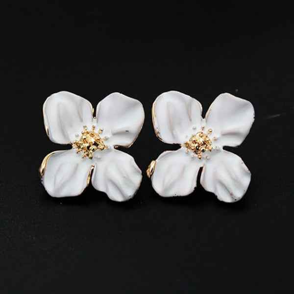 White Flower Studs | Dainty Gold Enamel Floral Bloom Post Earrings