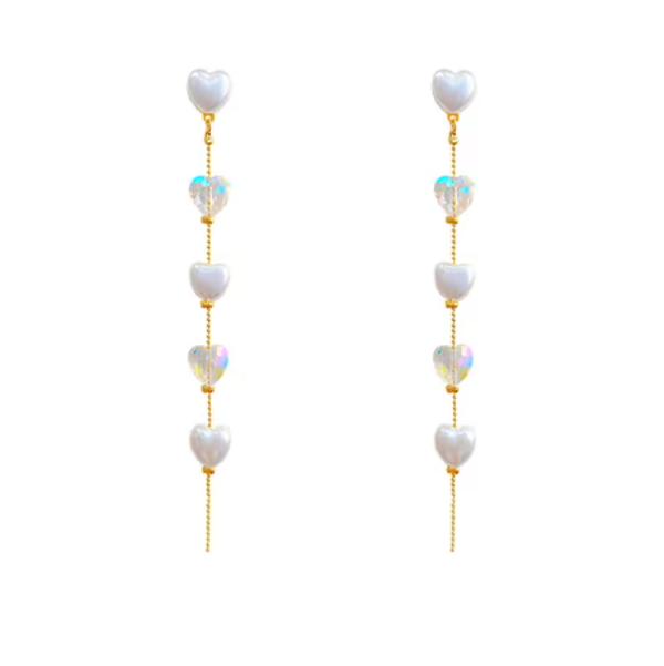 Heart Drop Dangle Earrings | White Pearl & Iridescent Crystals