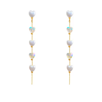 Heart Drop Dangle Earrings | White Pearl & Iridescent Crystals