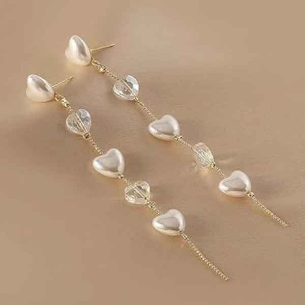 Heart Drop Dangle Earrings | White Pearl & Iridescent Crystals