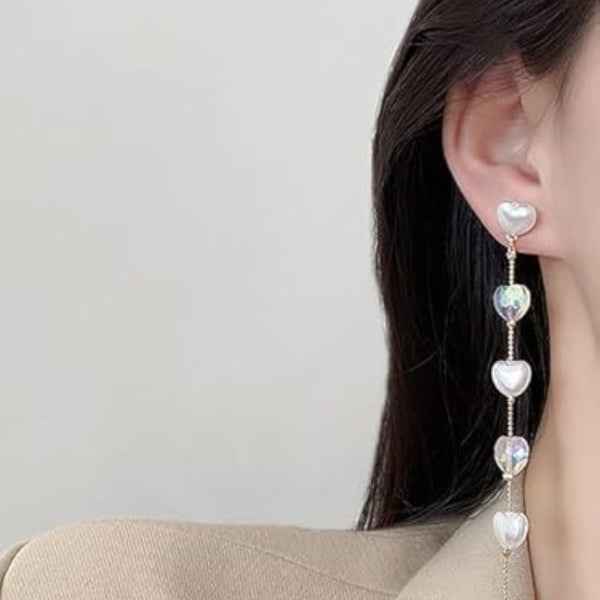 Heart Drop Dangle Earrings | White Pearl & Iridescent Crystals