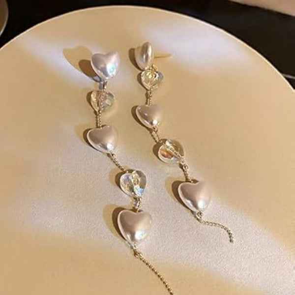 Heart Drop Dangle Earrings | White Pearl & Iridescent Crystals