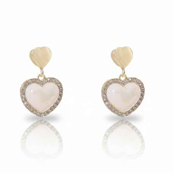 White Heart Drop Earrings: Gold Romantic Crystal Jewelry for Women