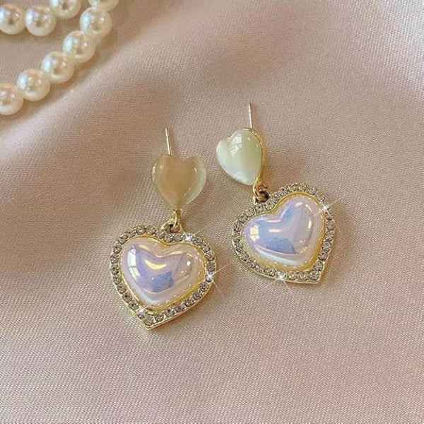 White Heart Drop Earrings: Gold Romantic Crystal Jewelry for Women