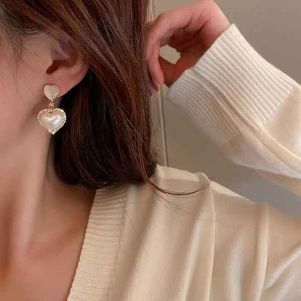 White Heart Drop Earrings: Gold Romantic Crystal Jewelry for Women