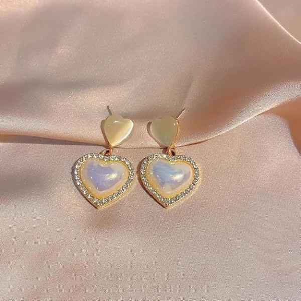 White Heart Drop Earrings: Gold Romantic Crystal Jewelry for Women