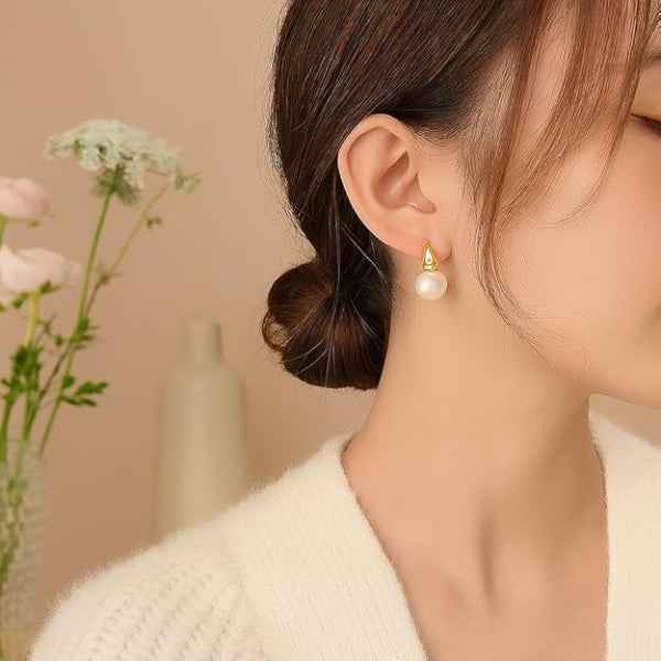 White Pearl Hoops - Shimmering European Pearl Earrings for Women