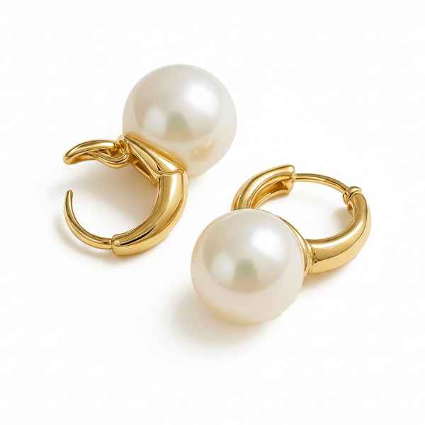 Pack of 2 Gold Plated Geometric Pearl Pendant Necklace & White Pearl Hoop Earrings | Modern Pearl Jewelry Set