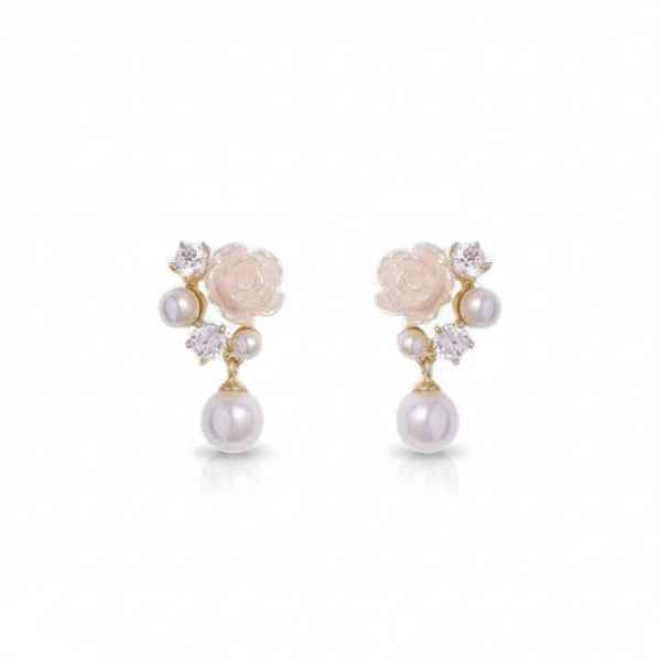 White Rose Pearl Earrings | Dainty Floral Crystal Drop Post Jewelry