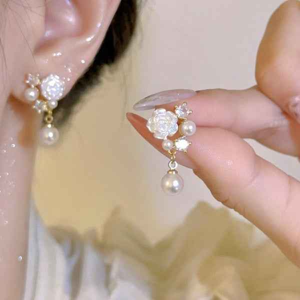 White Rose Pearl Earrings | Dainty Floral Crystal Drop Post Jewelry