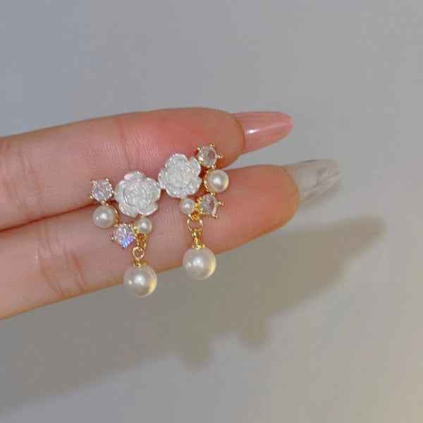 White Rose Pearl Earrings | Dainty Floral Crystal Drop Post Jewelry