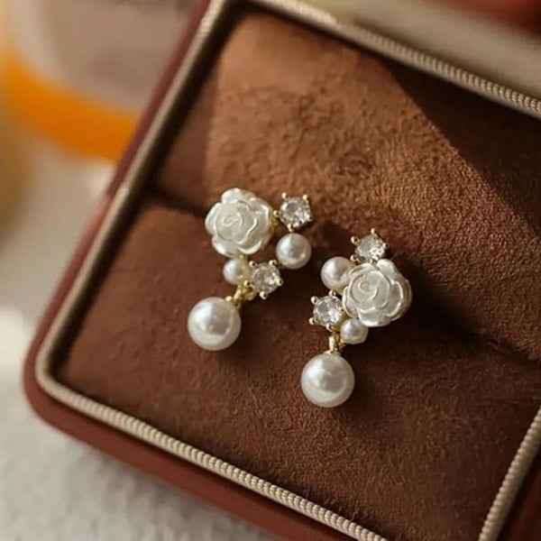 White Rose Pearl Earrings | Dainty Floral Crystal Drop Post Jewelry