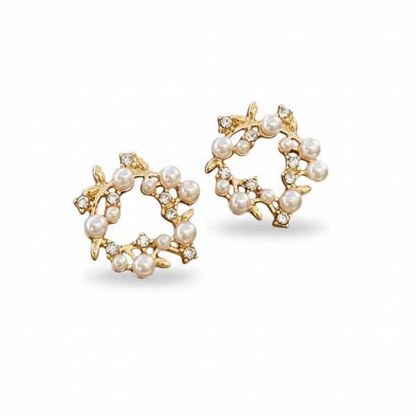 Wreath Flower Earrings - Pearl Crystal Studs & Gold Floral Jewelry