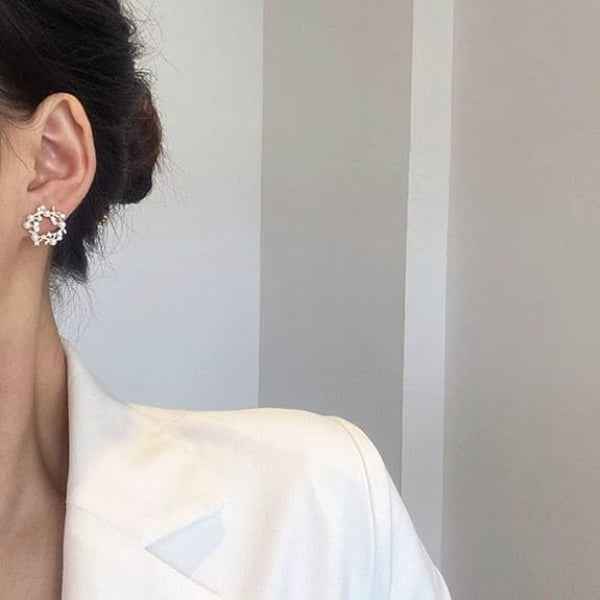 Wreath Flower Earrings - Pearl Crystal Studs & Gold Floral Jewelry