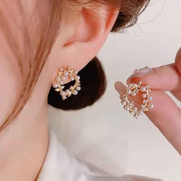 Wreath Flower Earrings - Pearl Crystal Studs & Gold Floral Jewelry