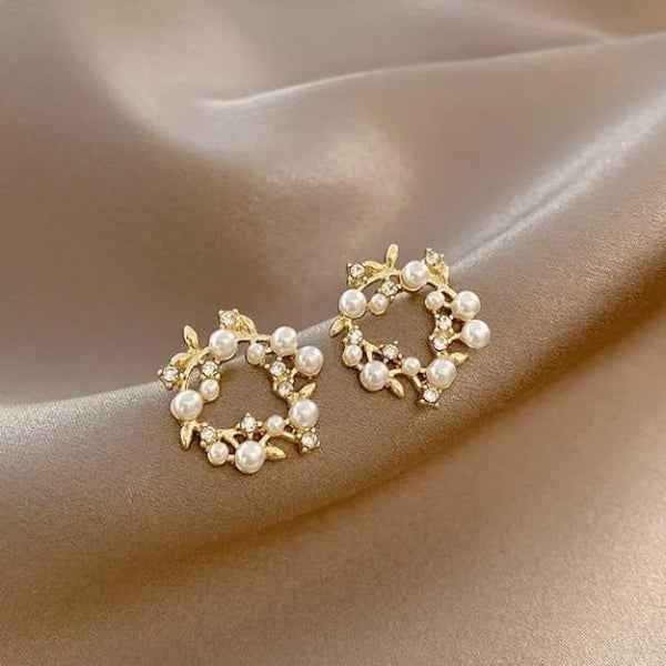 Wreath Flower Earrings - Pearl Crystal Studs & Gold Floral Jewelry