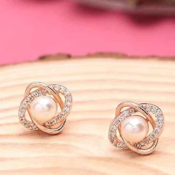 Sparkling Cubic Zirconia Pearl Stud Earrings | 14k Gold Plated Stylish Gift