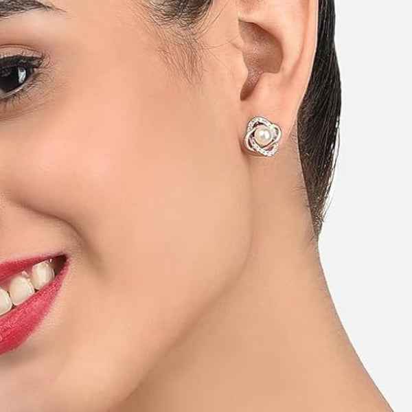 Sparkling Cubic Zirconia Pearl Stud Earrings | 14k Gold Plated Stylish Gift